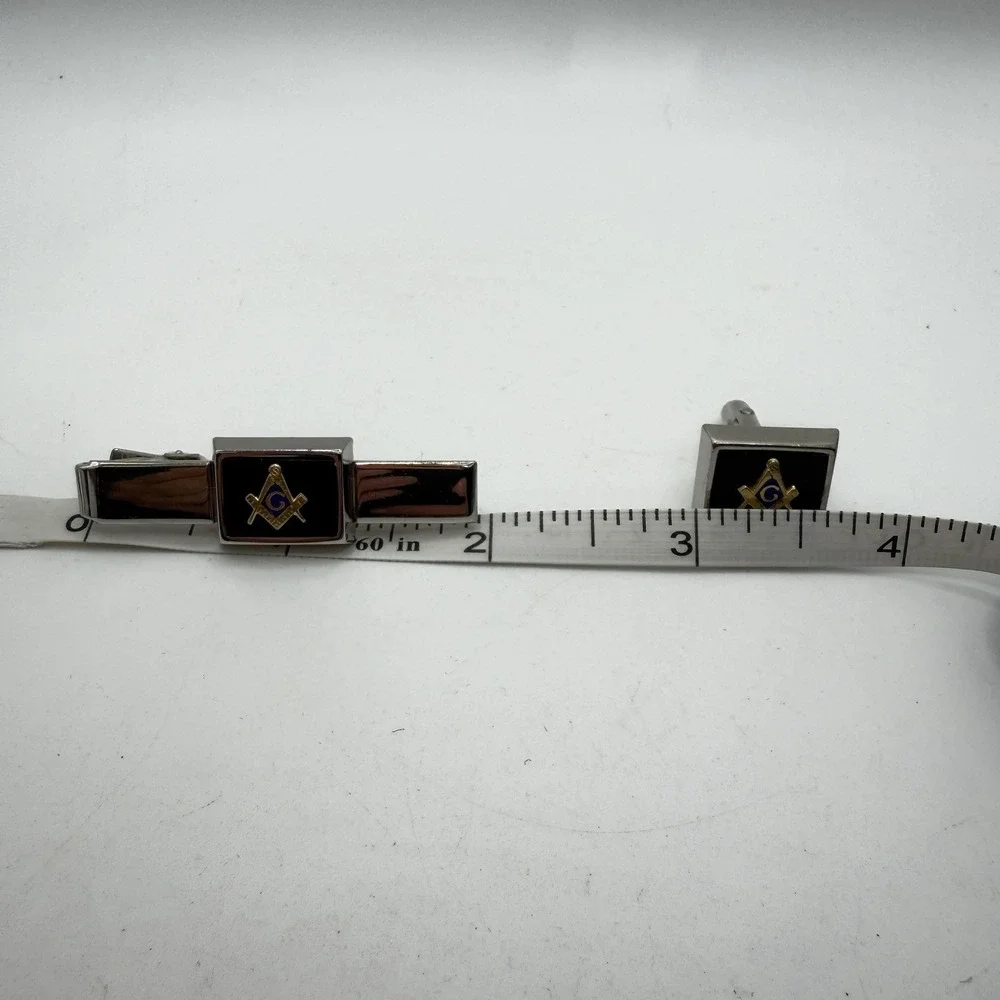 Vintage Freemason Masonic Tie Clip Bar & Cufflink Set 3 Piece Anson Silver Tone